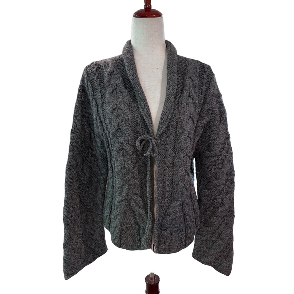 Mira Flores Cardigan Sweater‎ 100% Wool Chunky Tie Boho Gray Flare Sleeve Sz M